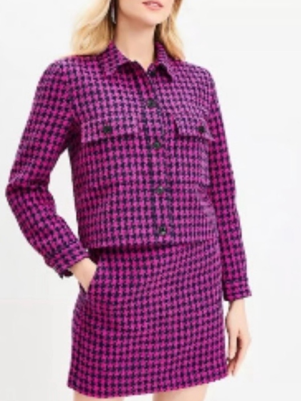 LOFT Pink and Navy Houndstooth Skirt